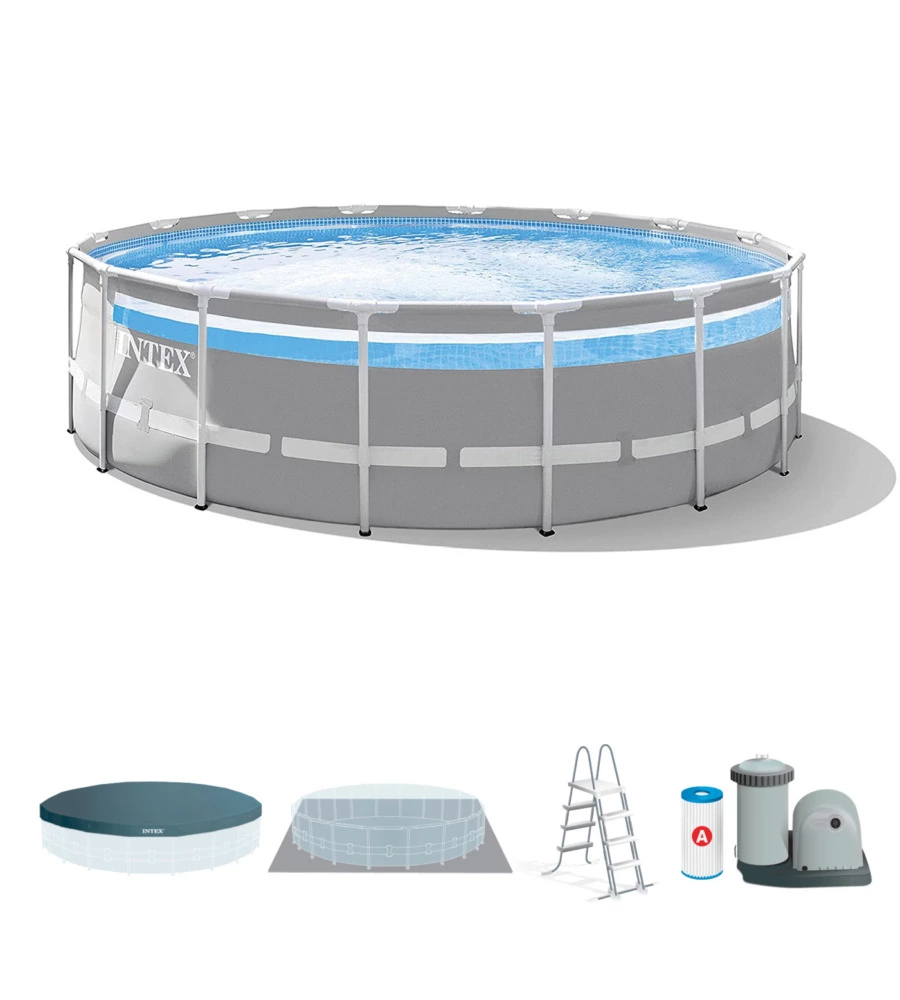 Piscina fuori terra con struttura rotonda intex "prisma frame clearview" grigio chiaro 488x488x122 cm - cod. 26730np