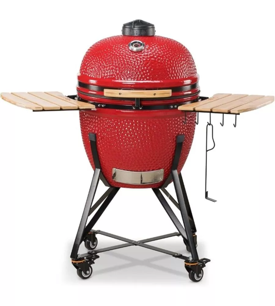 Barbecue a carbone kamado bono "grande 23" in ceramica rosso con rotelle 76x66x90 cm