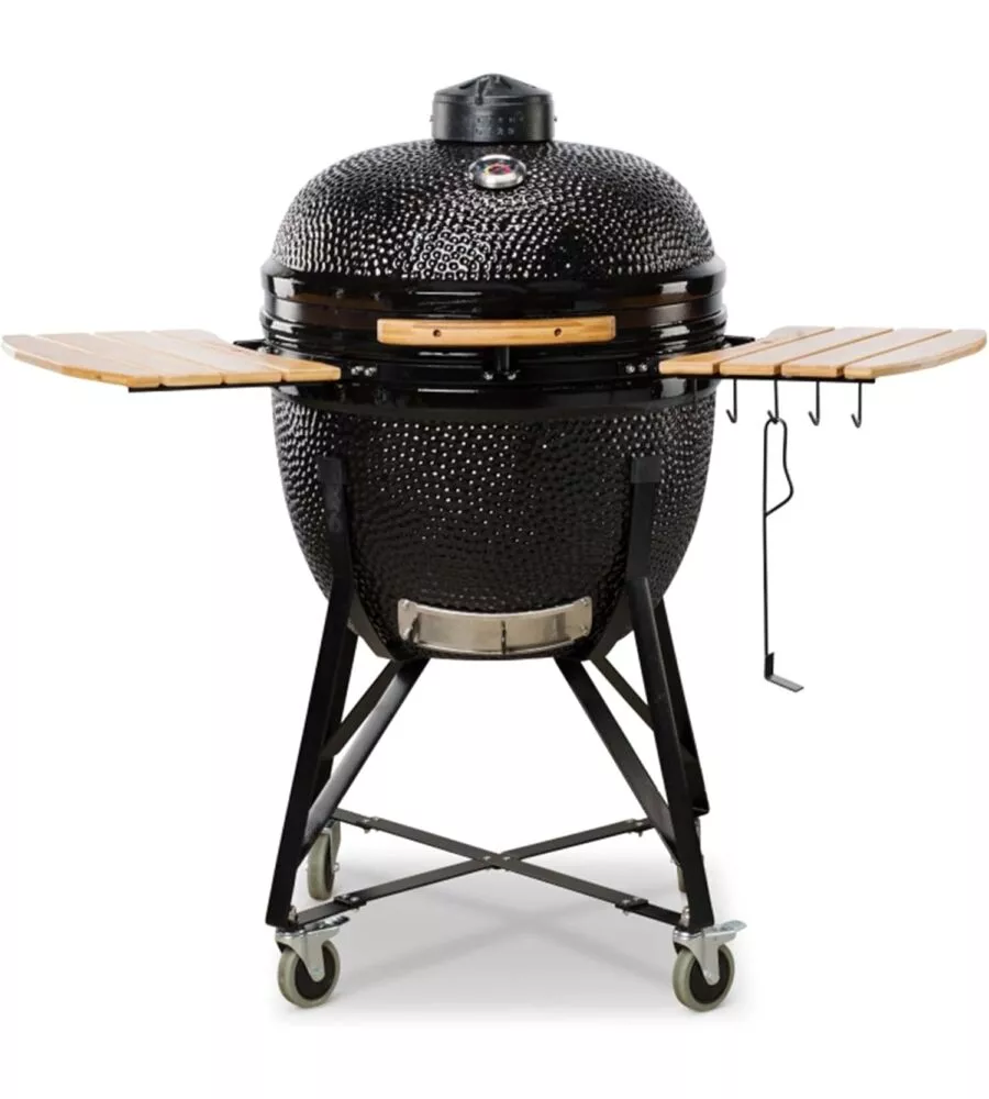 Barbecue a carbone kamado bono "grande 23" in ceramica nero con rotelle 76x66x90 cm