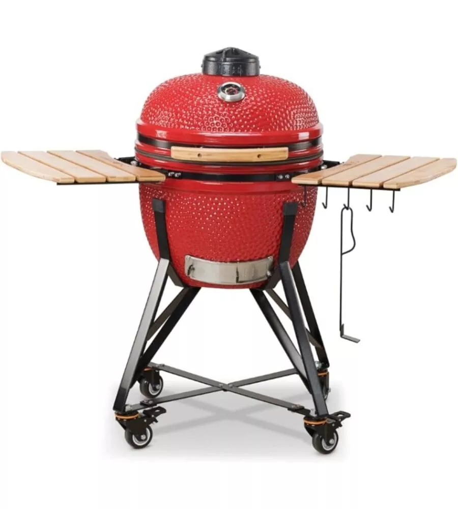 Barbecue a carbone kamado bono "media 20" in ceramica rosso con rotelle 78x60x75 cm