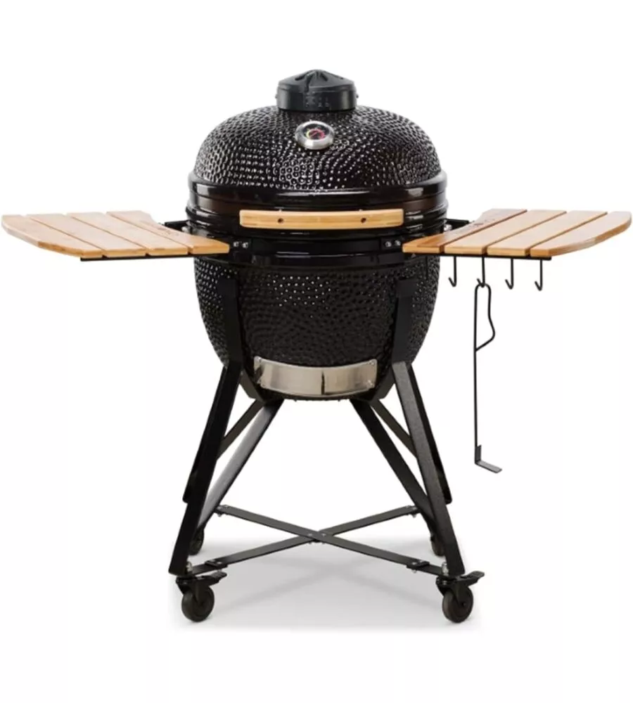 Barbecue a carbone kamado bono "media 20" in ceramica nero con rotelle 78x60x75 cm