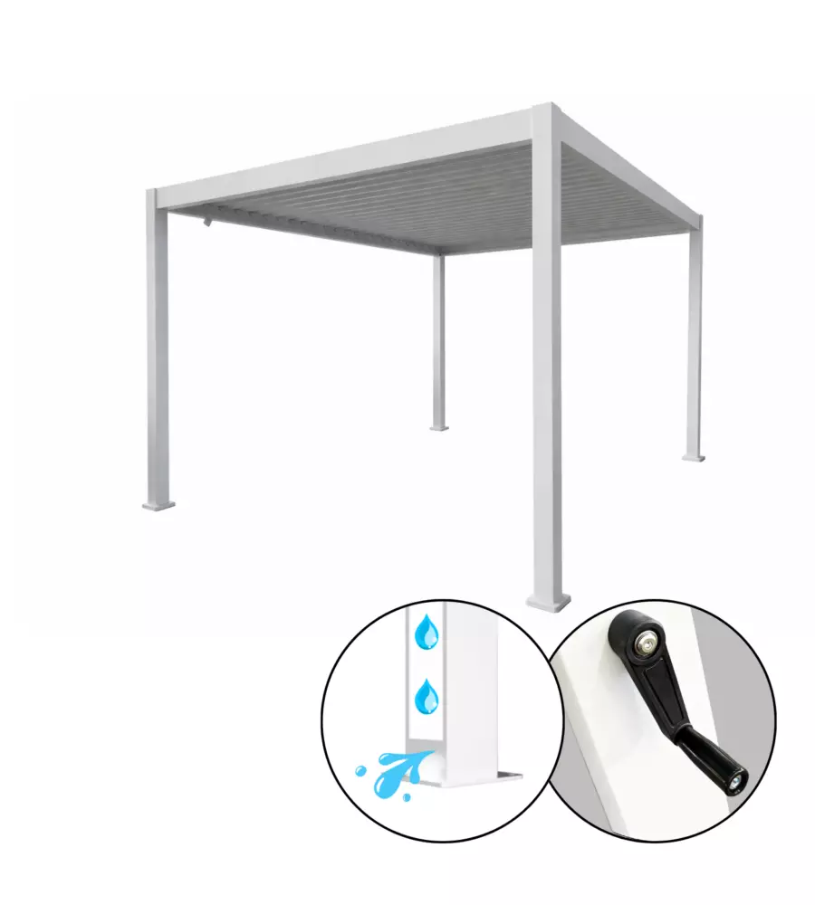 Pergola bioclimatica eurogarden "atena" con apertura a manovella in alluminio bianco 3x3x2,5 mt