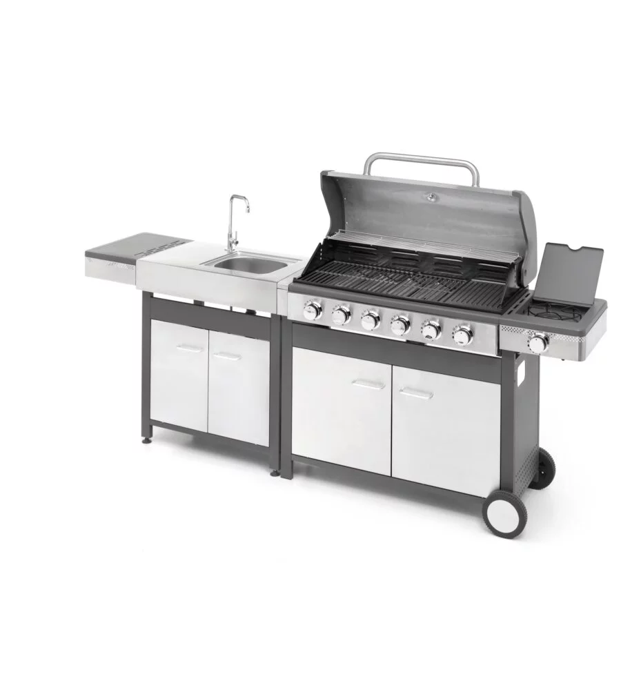 Cucina da esterno modulare ompagrill "indian" in acciaio inox con barbecue indianapolis 7/b e lavello