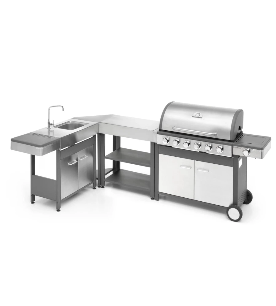 Cucina da esterno modulare ompagrill "indian" in acciaio inox con barbecue indianapolis 7/b, lavello, tavolo e corner