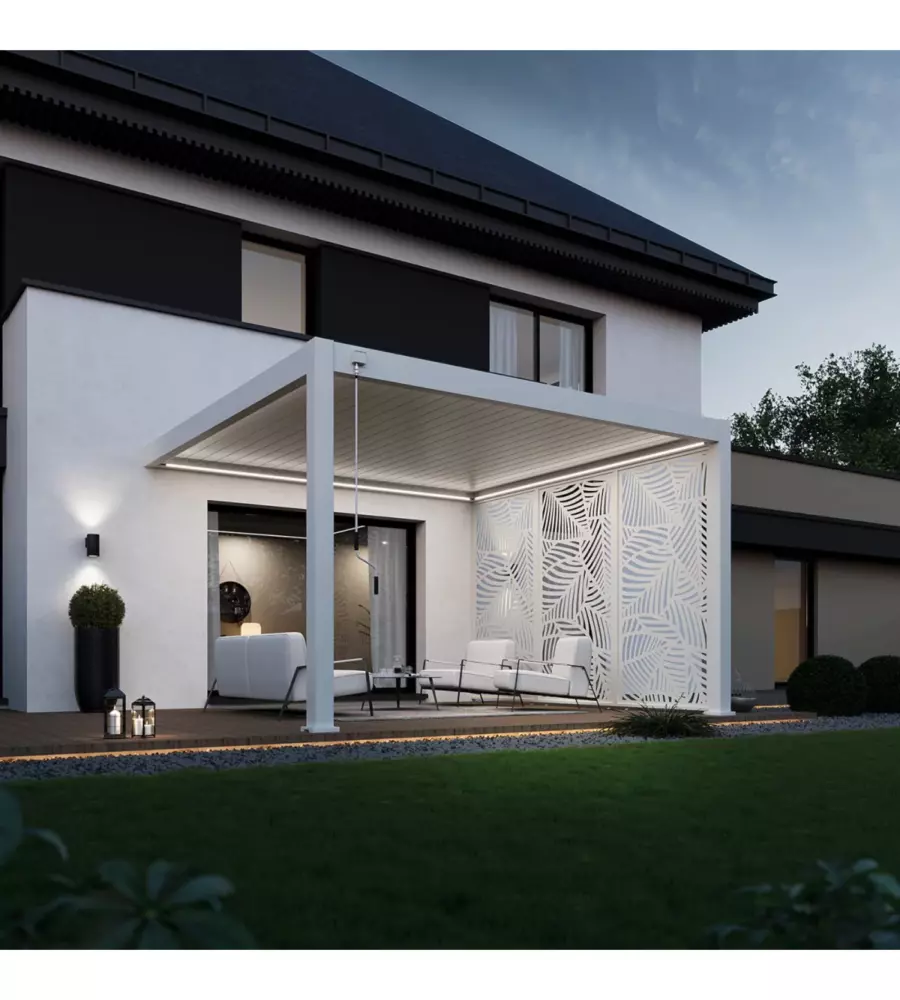 Pergola bioclimatica addossata ombréa "vs"  in alluminio bianco 397x304x257 cm