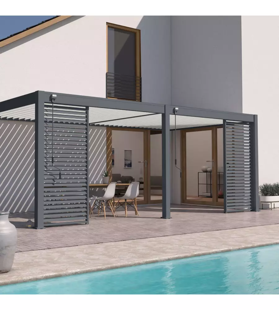 Pergola bioclimatica addossata ombréa "vs"  in alluminio bianco e antracite 596x303x257 cm