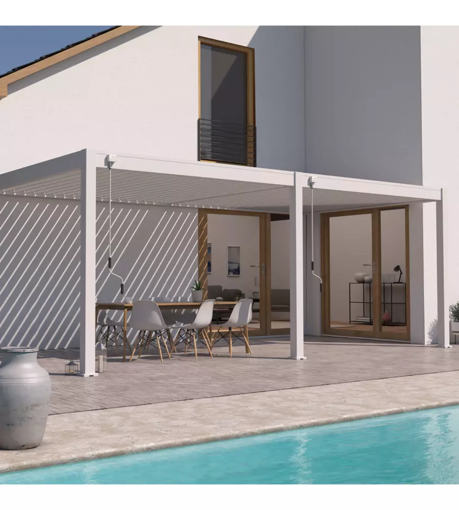 Pergola bioclimatica addossata ombréa "vs" in alluminio beige sabbia 596x303x257 cm