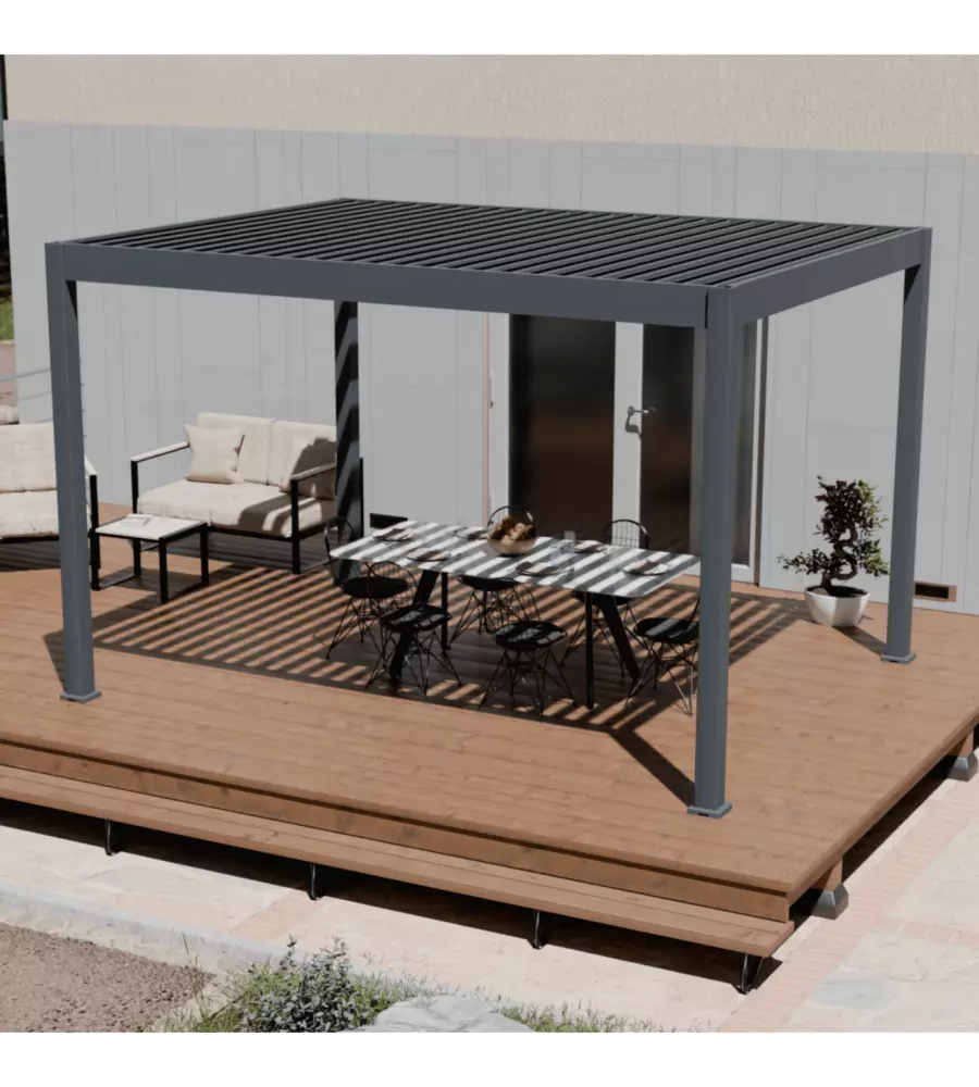 Pergola bioclimatica motorizzata ombréa "elmo" con illuminazione antracite 399x307x256 cm
