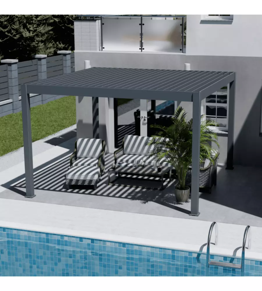 Pergola bioclimatica motorizzata ombréa "elmo" in alluminio antracite 403x403x256 cm