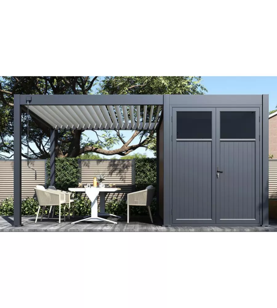 Pergola bioclimatica e casetta da giardino ombréa in alluminio antracite 5x3 mt