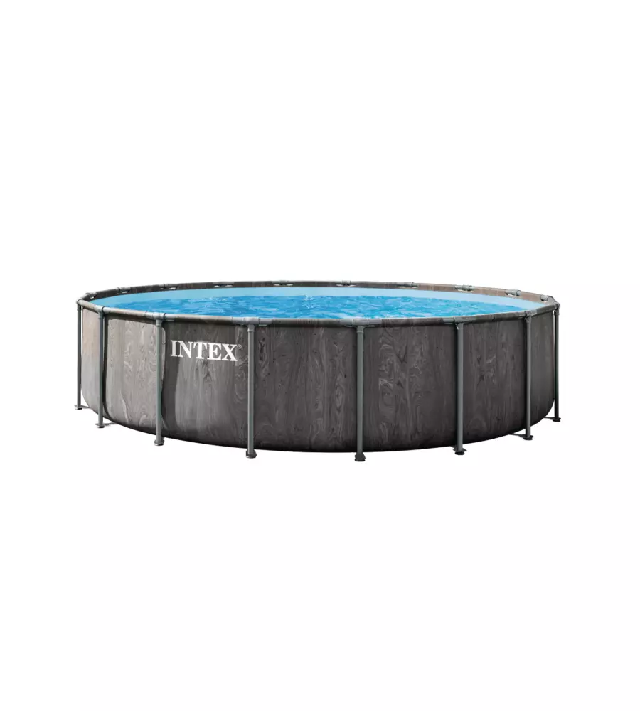 Piscina fuori terra con struttura rotonda intex "prism greywood" con pompa filtro, scaletta, telo base e telo di copertura effetto legno grigio 549x549x122 cm -