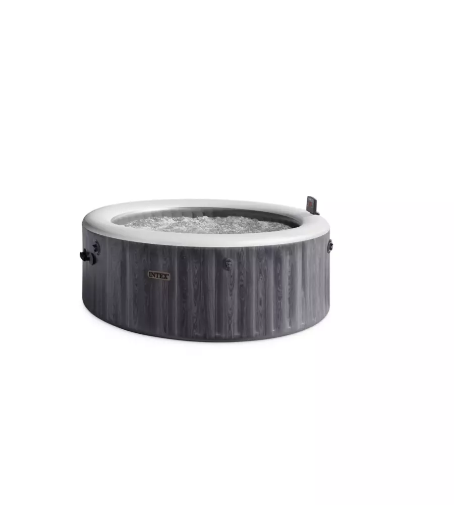 Piscina idromassaggio gonfiabile intex "purespa greywood deluxe" con telo base, telo di copertura, dispenser, luce led, due poggiatesta 4 persone effetto legno 