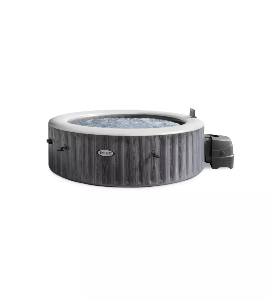 Piscina idromassaggio gonfiabile intex "purespa greywood deluxe" con telo base, telo di copertura, dispenser, luce led, due poggiatesta 6 persone effetto legno 