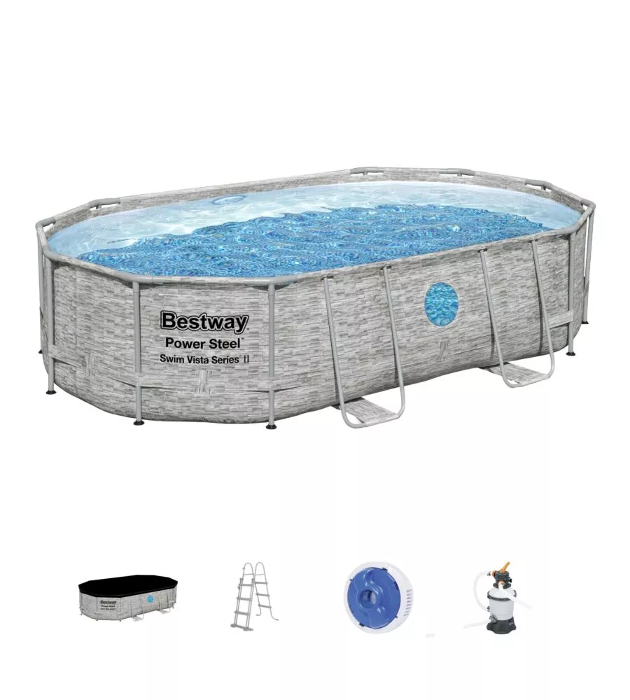 Piscina fuori terra con struttura ovale bestway "power steel swim vista series" con filtro sabbia, copertura, scaletta e chemconnect 488x305x107 cm - cod. 56946