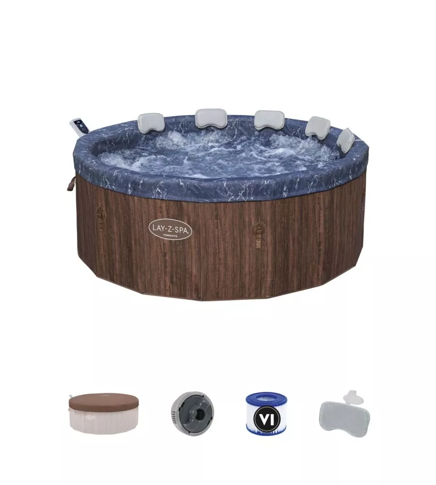Piscina idromassaggio gonfiabile bestway "lay-z-spa toronto" con cartuccia, chemconnect, copertura, 5 poggiatesta effetto legno 7 posti 190x190x70 cm - cod. 600